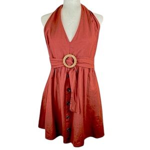 ASOS Halter Mini Dress Linen Cotton Blend Backless Wood Buckle Rust Color Sz 12